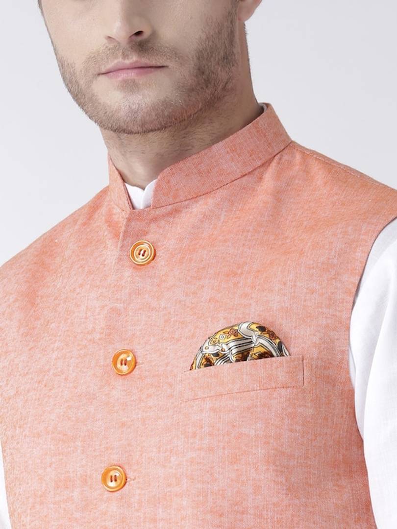 Men's Orange 
Linen
 Solid
 Nehru Jackets